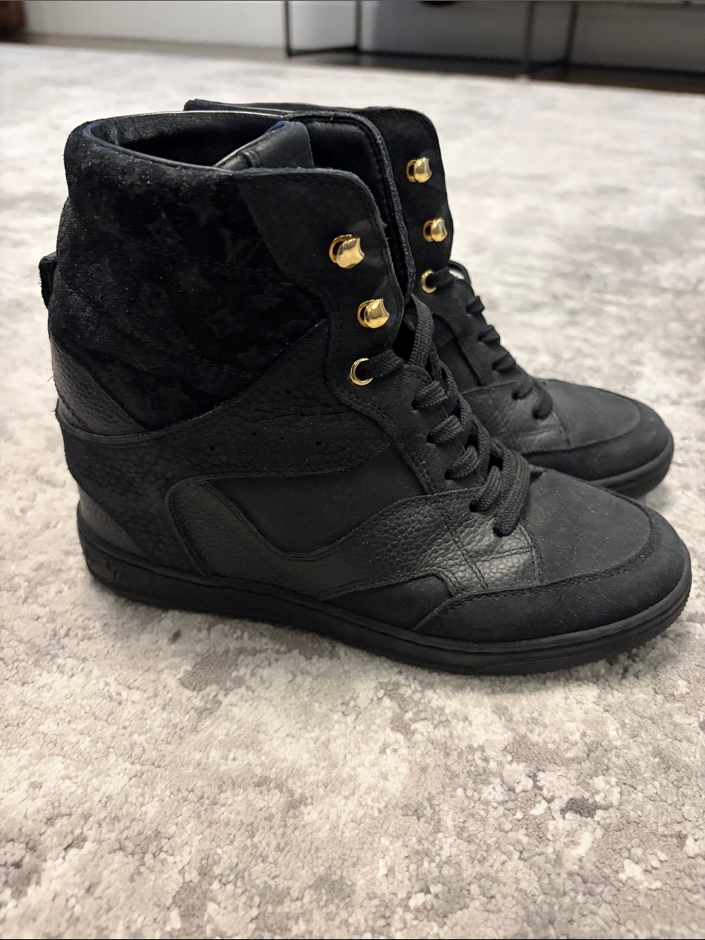 Louis Vuitton Black High-Top Wedge Sneakers with Gold Eyelets